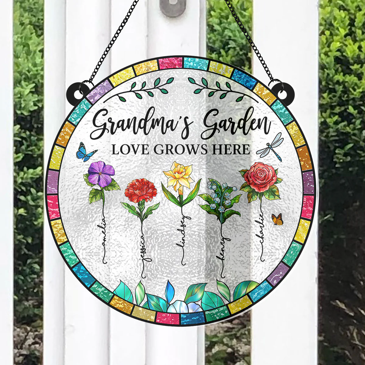 Grandma‘s Garden Love Grows Here Beautiful Birth Month Flowers Personalized Acrylic Suncatcher - Image 2