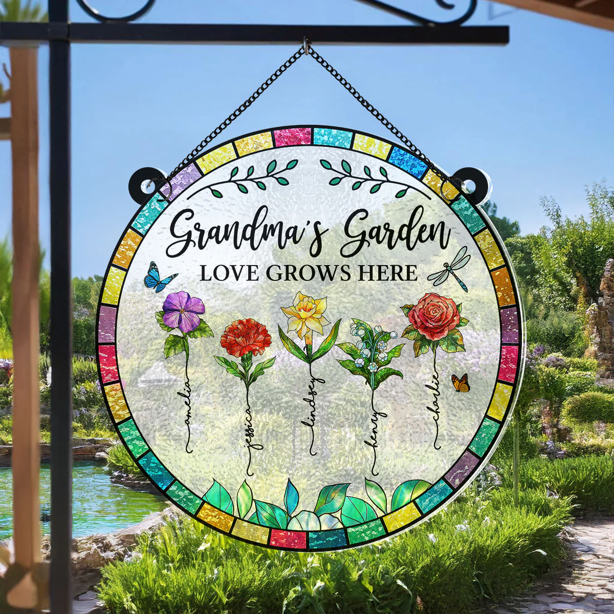 Grandma‘s Garden Love Grows Here Beautiful Birth Month Flowers Personalized Acrylic Suncatcher - Image 3