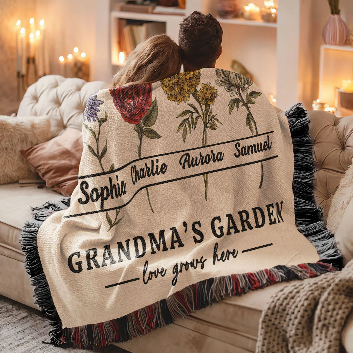 Grandma's Garden Love Grows Here Beautiful Vintage Birth Month Flowers Personalized Tapestry Woven Blanket - Image 3