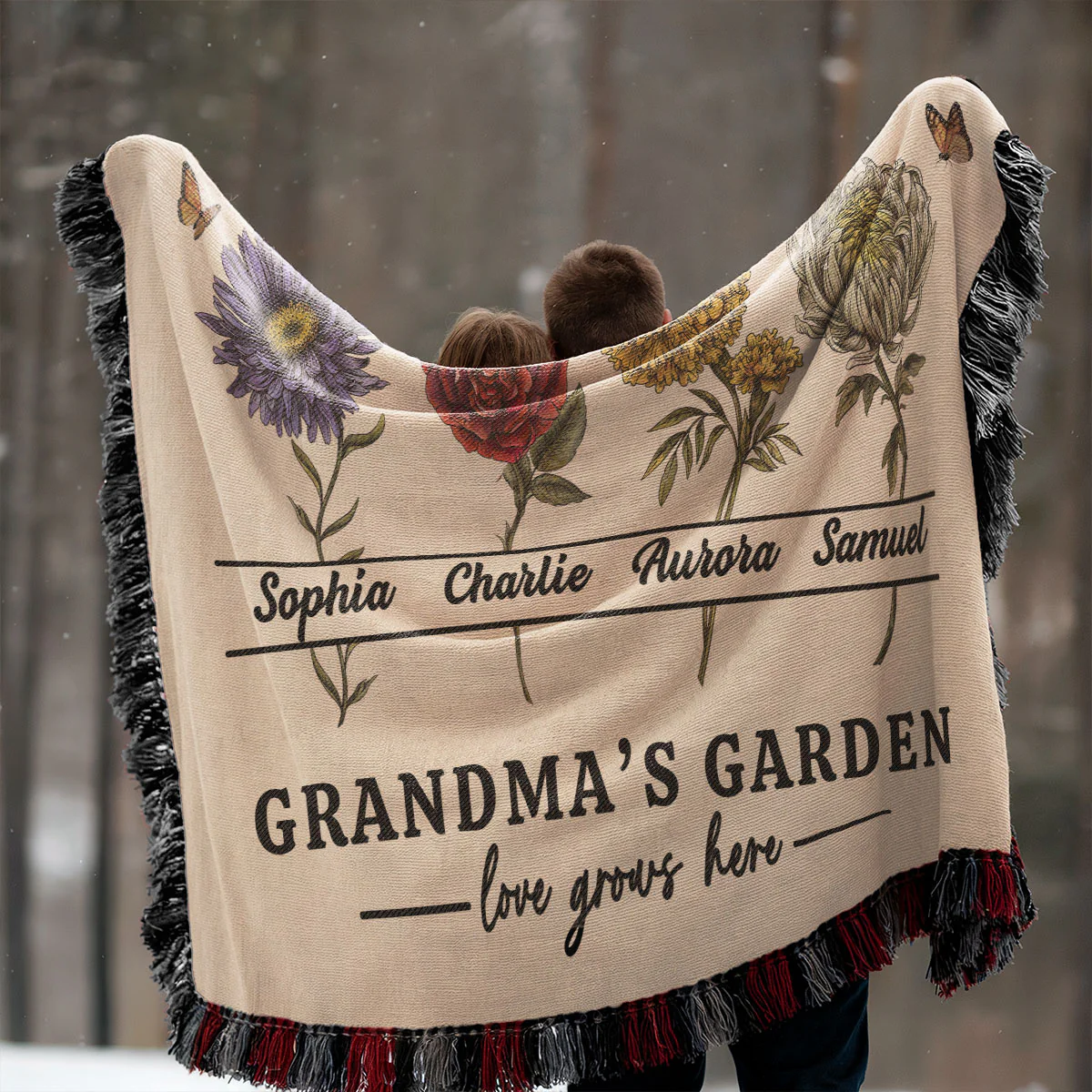 Grandma's Garden Love Grows Here Beautiful Vintage Birth Month Flowers Personalized Tapestry Woven Blanket - Image 4