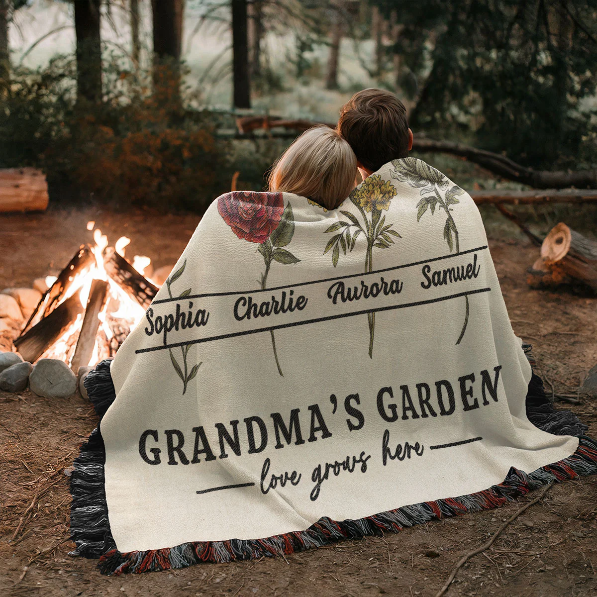 Grandma's Garden Love Grows Here Beautiful Vintage Birth Month Flowers Personalized Tapestry Woven Blanket - Image 5