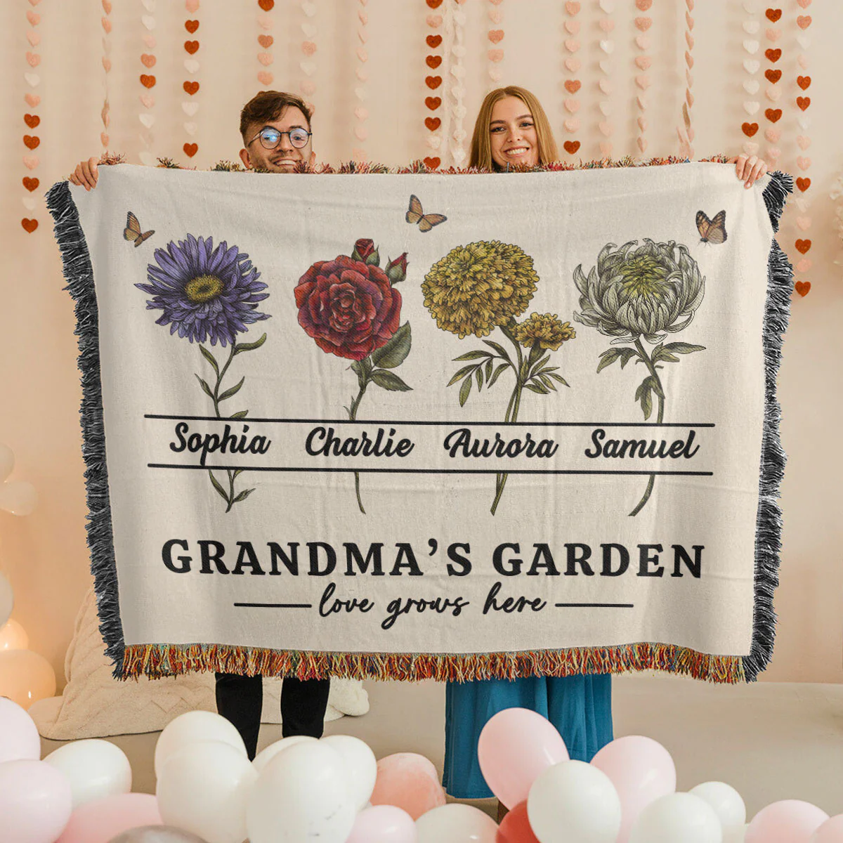 Grandma's Garden Love Grows Here Beautiful Vintage Birth Month Flowers Personalized Tapestry Woven Blanket - Image 6