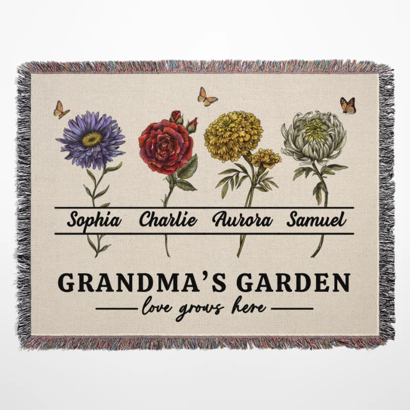 Grandma's Garden Love Grows Here Beautiful Vintage Birth Month Flowers Personalized Tapestry Woven Blanket - Image 9