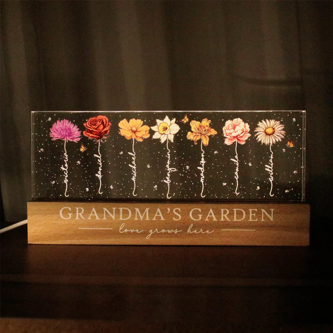 Grandma‘s Garden Birth Month Flowers Personalized Acrylic Block LED Night Light, Christmas Gift For Grandma, Mom, Auntie, Sister - Image 3