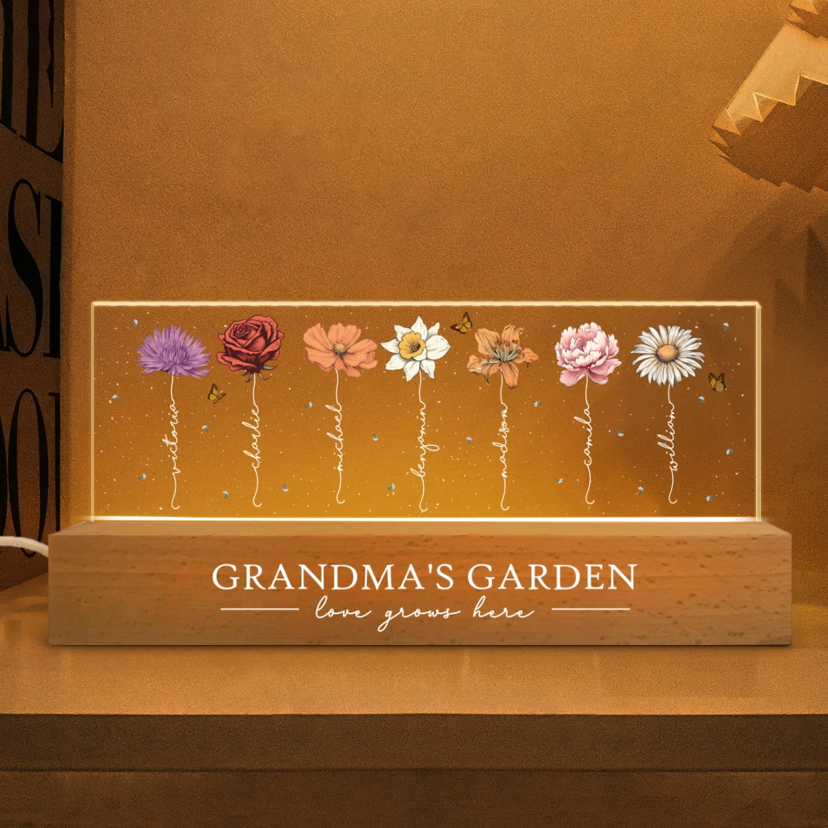 Grandma‘s Garden Birth Month Flowers - Personalized Acrylic Block Plaque LED Night Light - Heartfelt Gift For Grandma - Image 12
