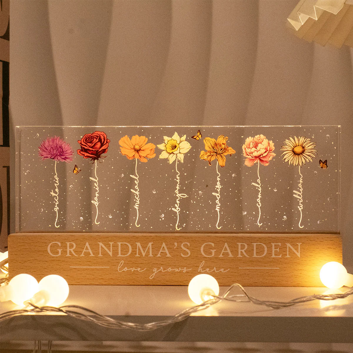 Grandma‘s Garden Birth Month Flowers - Personalized Acrylic Block Plaque LED Night Light - Heartfelt Gift For Grandma - Image 3