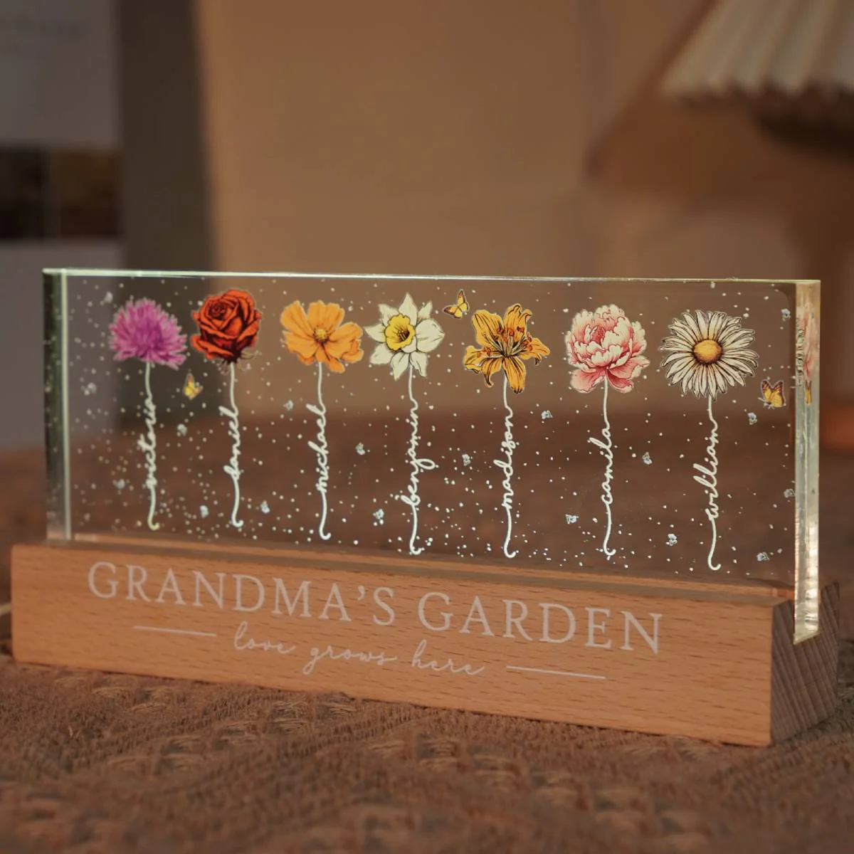 Grandma‘s Garden Birth Month Flowers - Personalized Acrylic Block Plaque LED Night Light - Heartfelt Gift For Grandma - Image 4