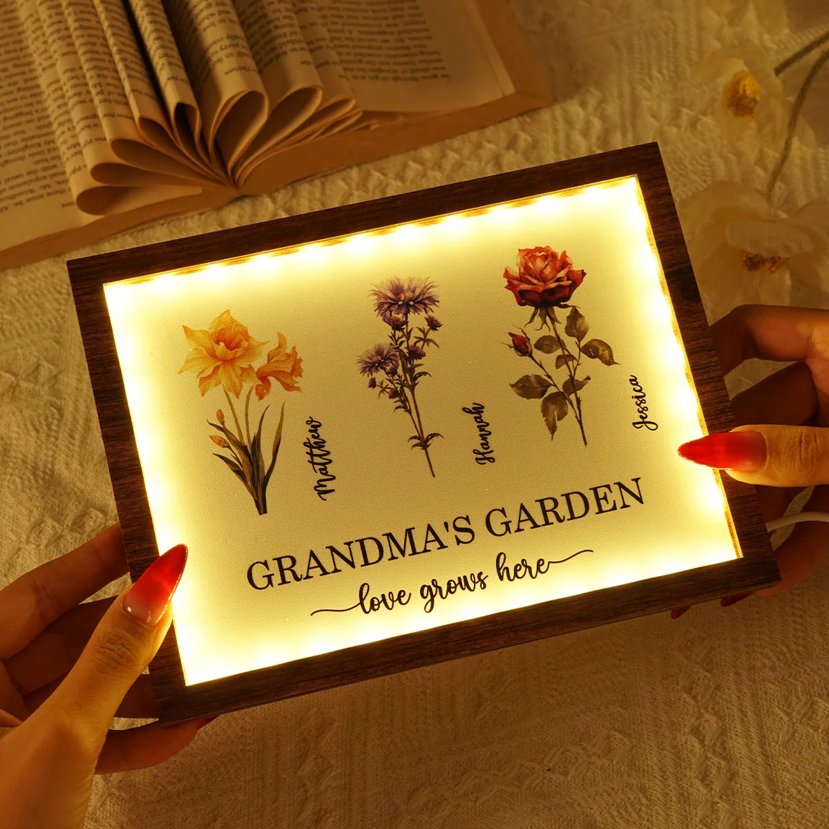 Grandma's Garden Love Grows Here Birth Month Flower Personalized 2-Layered Wooden Plaque with LED, Heartfelt Mother's day gift for Grandma, Mom - Image 5