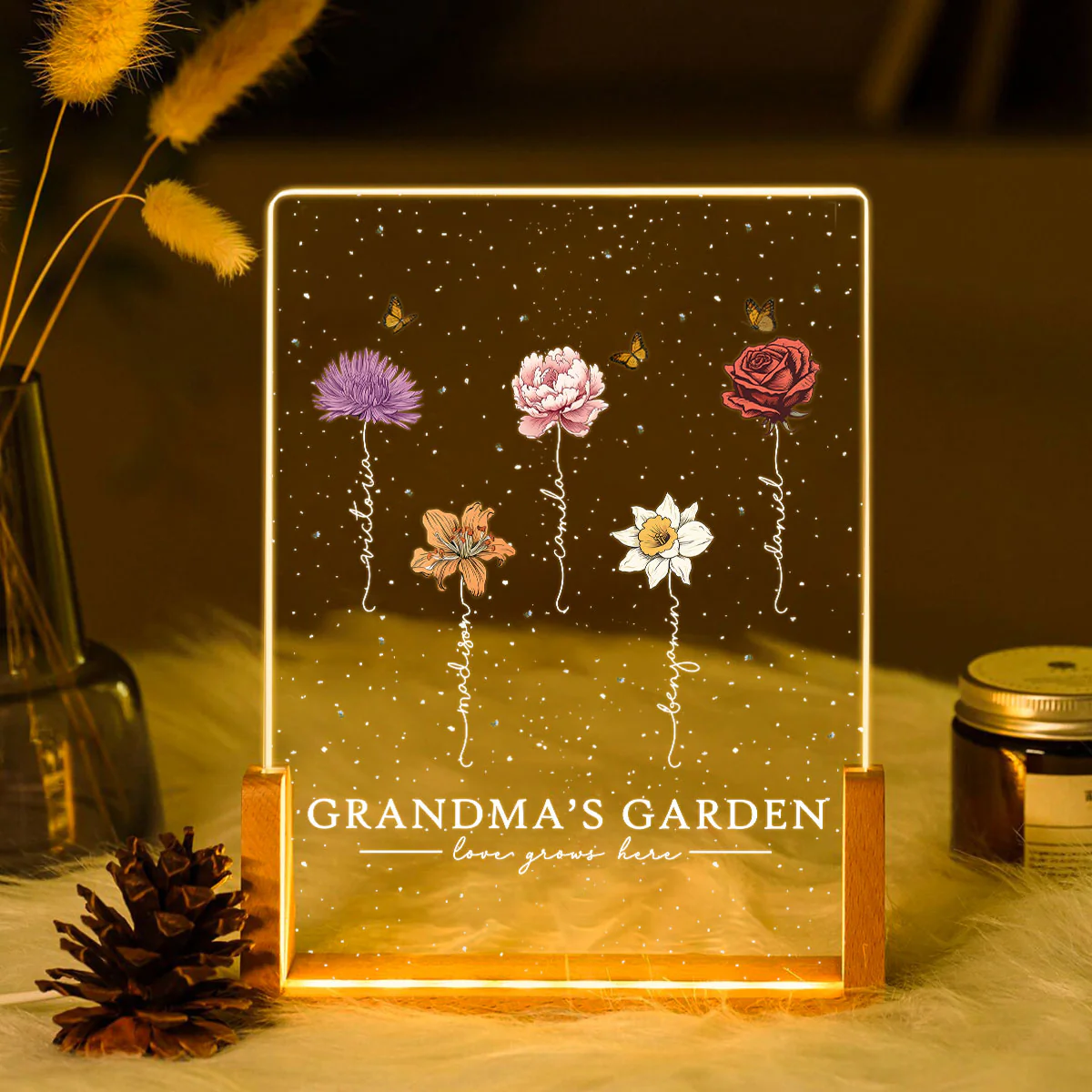 Grandma's Garden Love Grows Here Birthmonth Flowers Personalized U-Base Acrylic LED Night Light, Grandkids Names Floral Gift - Image 3