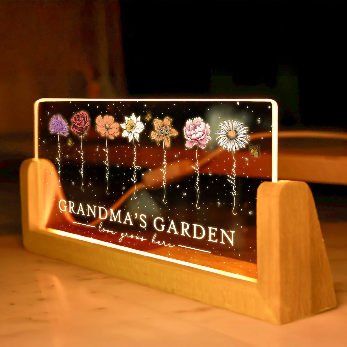 Grandma's Garden Love Grows Here Birthmonth Flowers Personalized U-Base Acrylic LED Night Light, Grandkids Names Floral Gift - Image 5