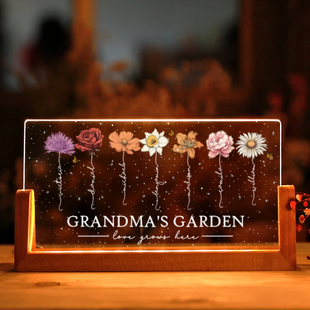 Grandma's Garden Love Grows Here Birthmonth Flowers Personalized U-Base Acrylic LED Night Light, Grandkids Names Floral Gift - Image 9