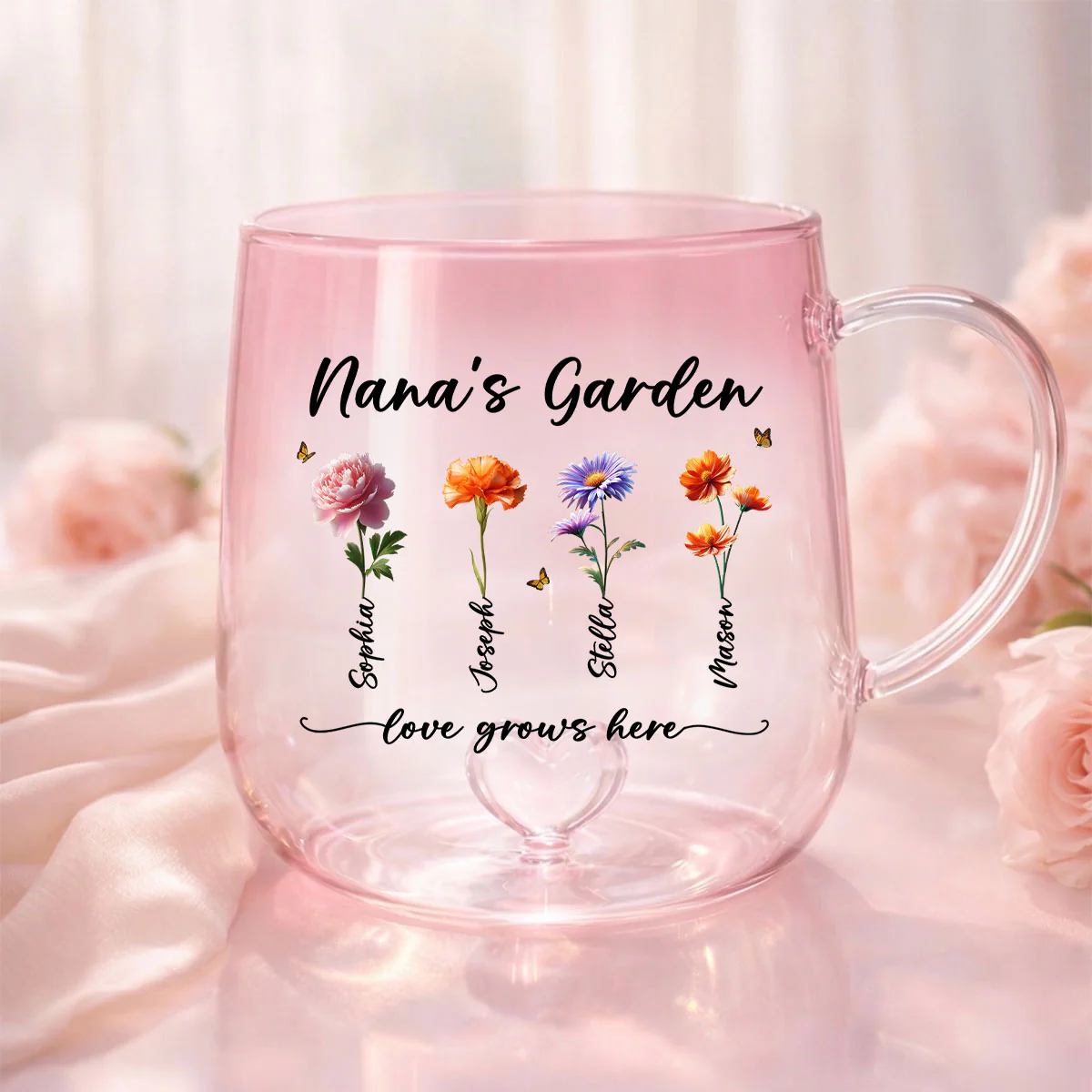 Grandma's Garden Love Grows Here - Personalized Glass Mug - Custom Birth Flowers, Mother's Day Gift for Mom, Grandma, Wife