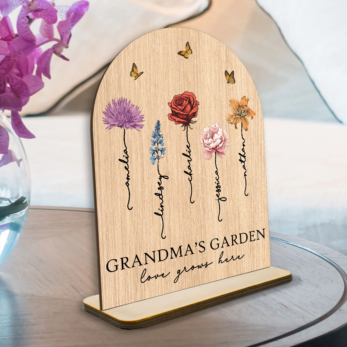 Grandma‘s Garden Love Grows Here Vintage Birth Flower Personalized Standing Wooden Plaque - Image 3