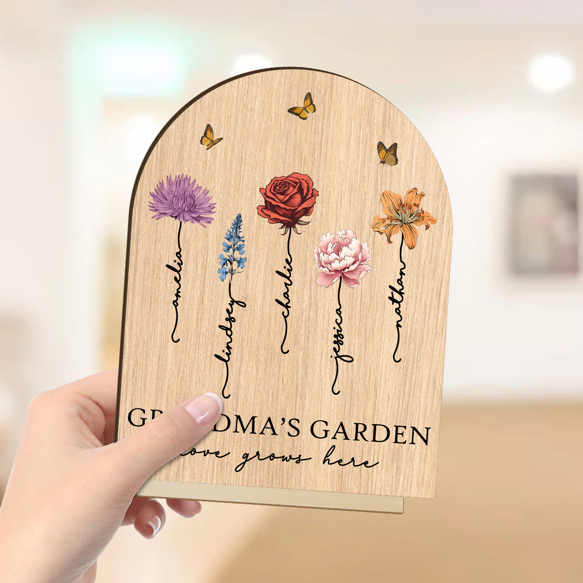 Grandma‘s Garden Love Grows Here Vintage Birth Flower Personalized Standing Wooden Plaque - Image 4