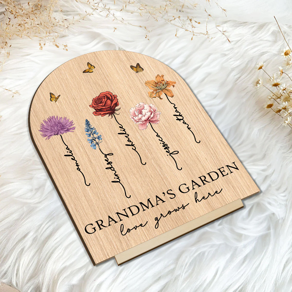 Grandma‘s Garden Love Grows Here Vintage Birth Flower Personalized Standing Wooden Plaque - Image 5