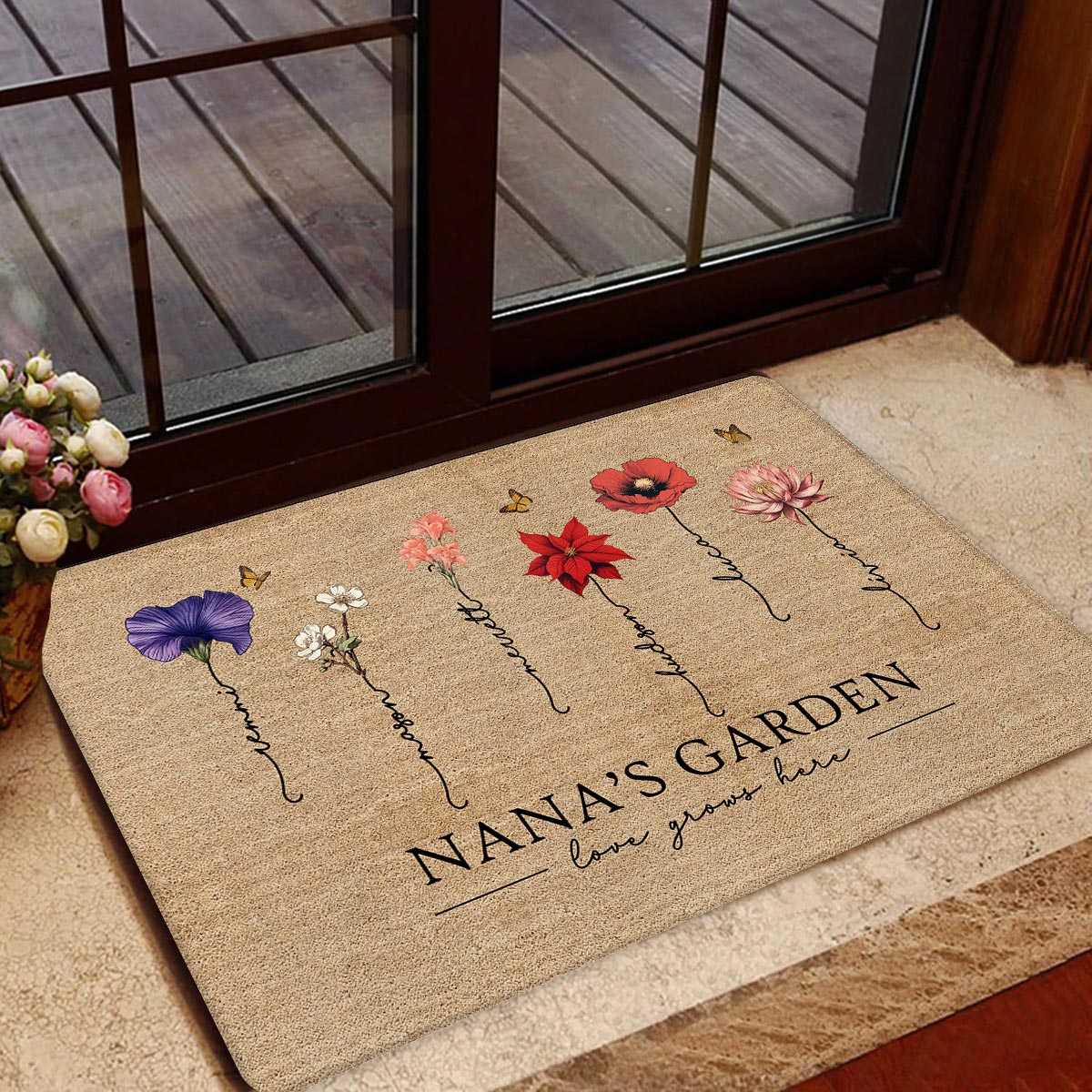 Grandma‘s Garden Love Grows Here Vintage Birth Flower Swirl Name - Personalized Doormat - Gift For Her, Grandma, Mom - Image 5