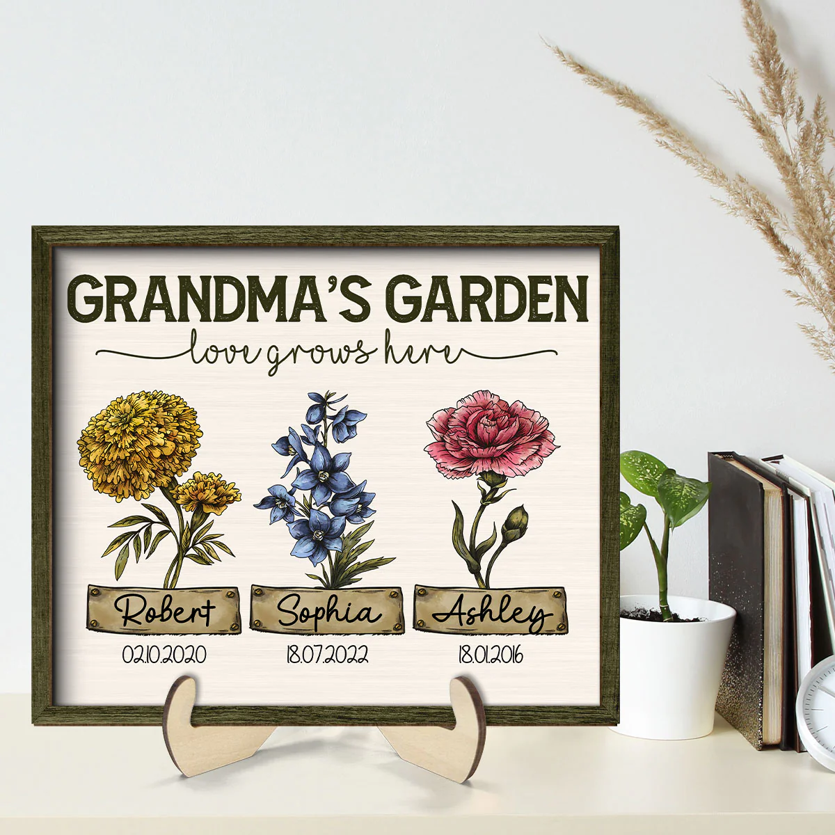 Grandma‘s Garden Love Grows Here Vintage Birth Month Flower Personalized 2-Layer Wooden Plaque - Image 2