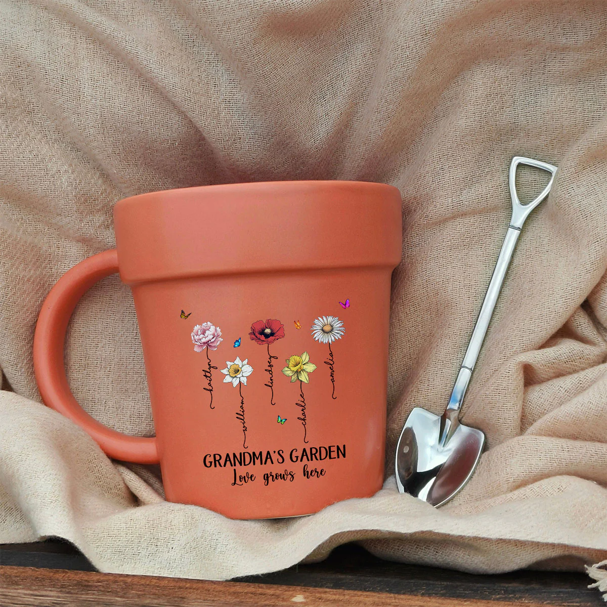 Grandma's Garden Love Grows Here Vintage Birth Month Flower Personalized Plant Pot Ceramic Mug - Image 2
