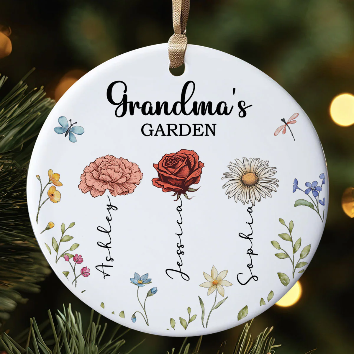 Grandma's Garden Personalized Ceramic Ornament, Christmas Gift For Grandma, Grandkids, Granddaughter, Grandson - Image 2