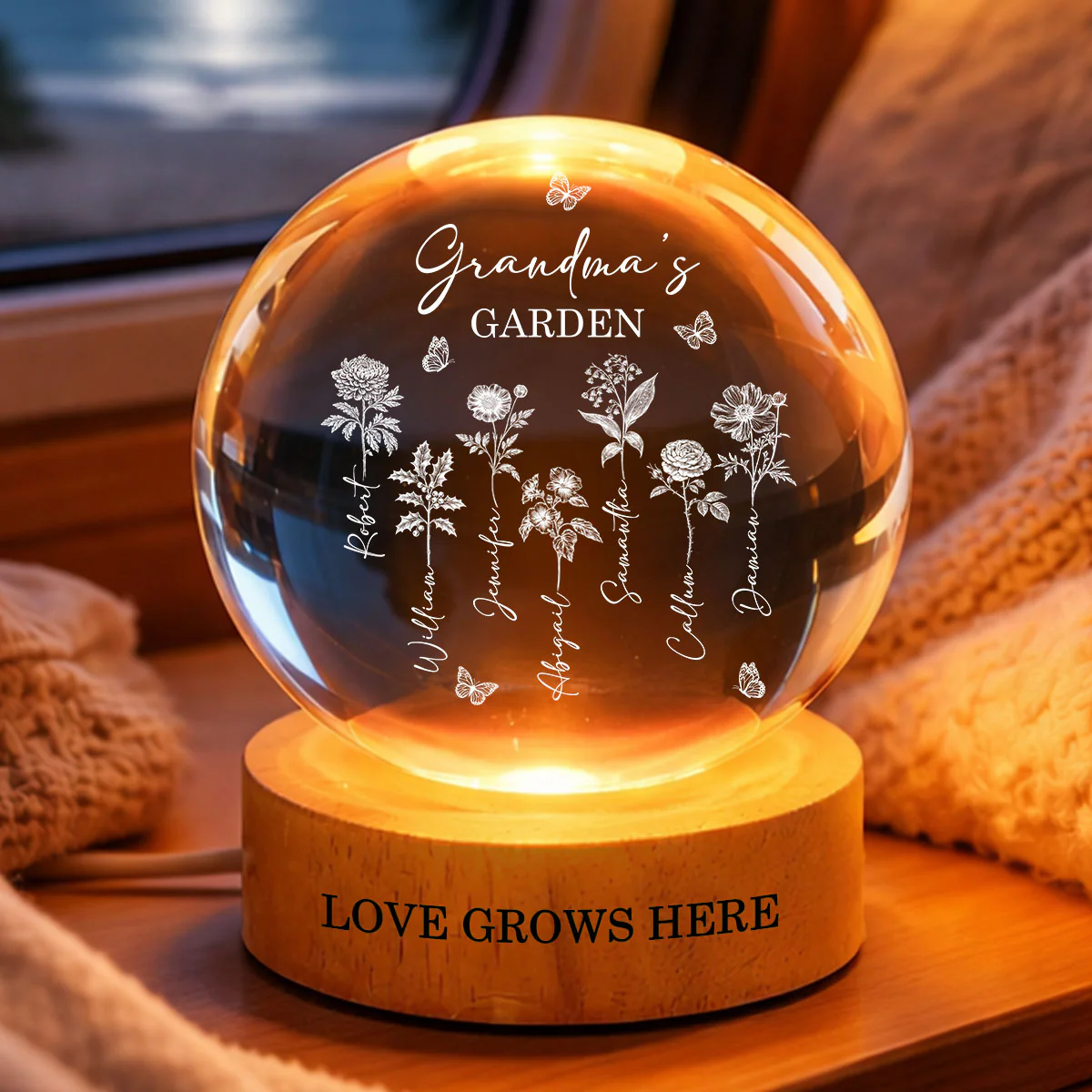 Grandma's Garden - Personalized Crystal Ball LED Night Light - Custom Birth Month Flowers, Heartfelt Gift for Grandma, Mom - Image 2