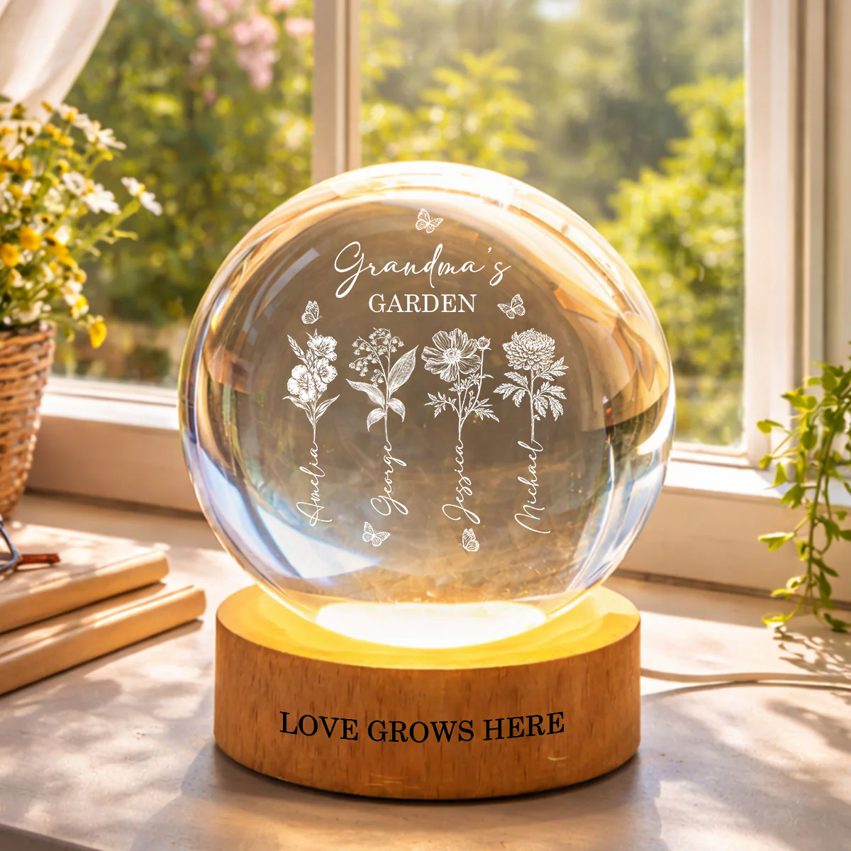 Grandma's Garden - Personalized Crystal Ball LED Night Light - Custom Birth Month Flowers, Heartfelt Gift for Grandma, Mom - Image 3