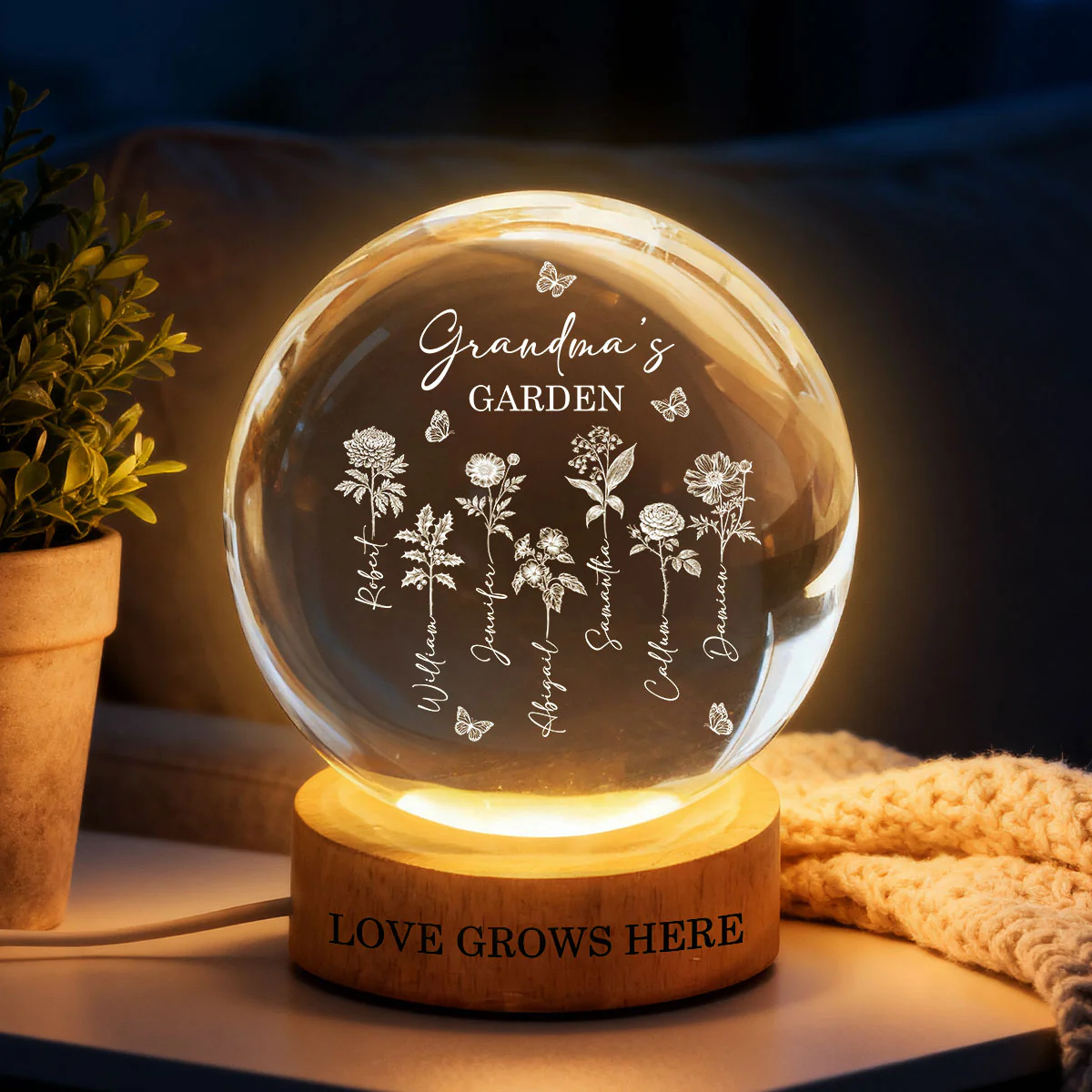 Grandma's Garden - Personalized Crystal Ball LED Night Light - Custom Birth Month Flowers, Heartfelt Gift for Grandma, Mom - Image 4