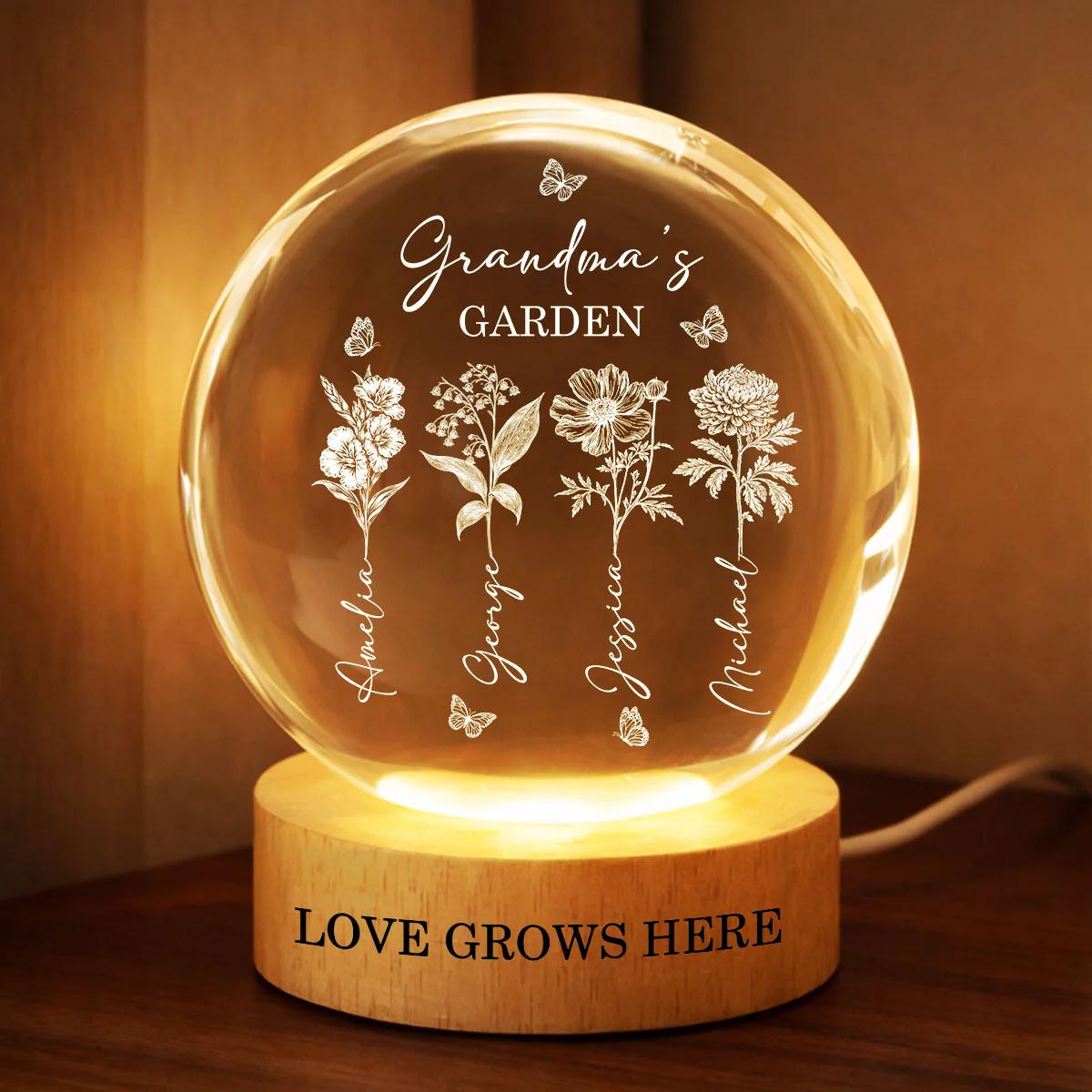 Grandma's Garden - Personalized Crystal Ball LED Night Light - Custom Birth Month Flowers, Heartfelt Gift for Grandma, Mom - Image 5