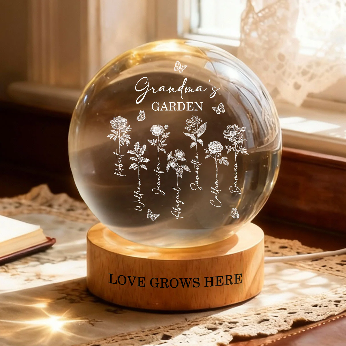 Grandma's Garden - Personalized Crystal Ball LED Night Light - Custom Birth Month Flowers, Heartfelt Gift for Grandma, Mom - Image 7