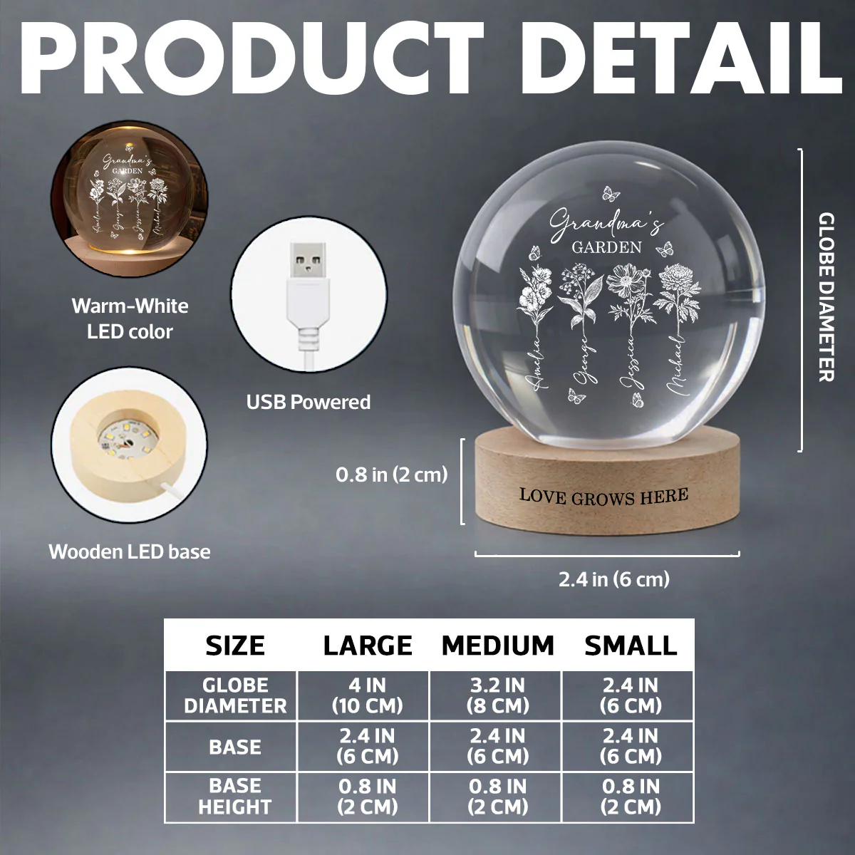 Grandma's Garden - Personalized Crystal Ball LED Night Light - Custom Birth Month Flowers, Heartfelt Gift for Grandma, Mom - Image 9