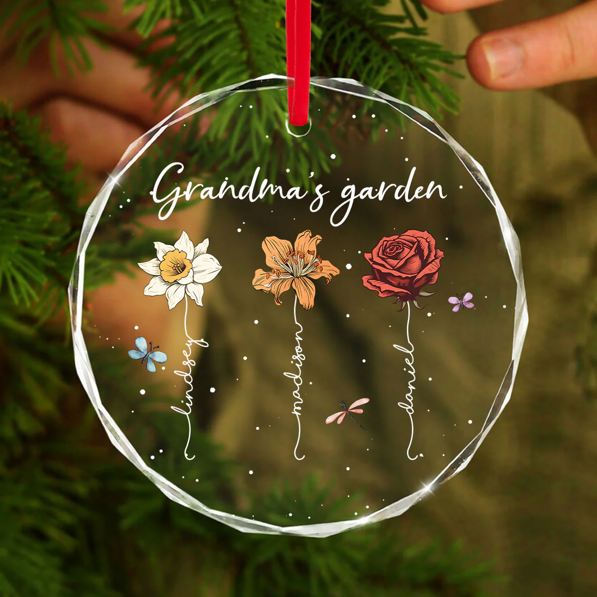 Grandma's Garden Personalized Glass Ornament, Christmas Gift For Grandma Granddaughter Grandson