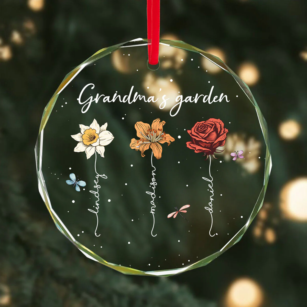 Grandma's Garden Personalized Glass Ornament, Christmas Gift For Grandma Granddaughter Grandson - Image 2