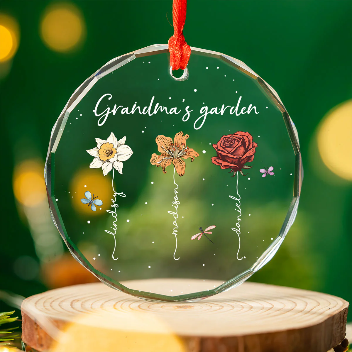 Grandma's Garden Personalized Glass Ornament, Christmas Gift For Grandma Granddaughter Grandson - Image 3