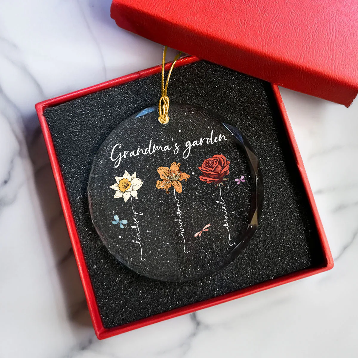 Grandma's Garden Personalized Glass Ornament, Christmas Gift For Grandma Granddaughter Grandson - Image 4