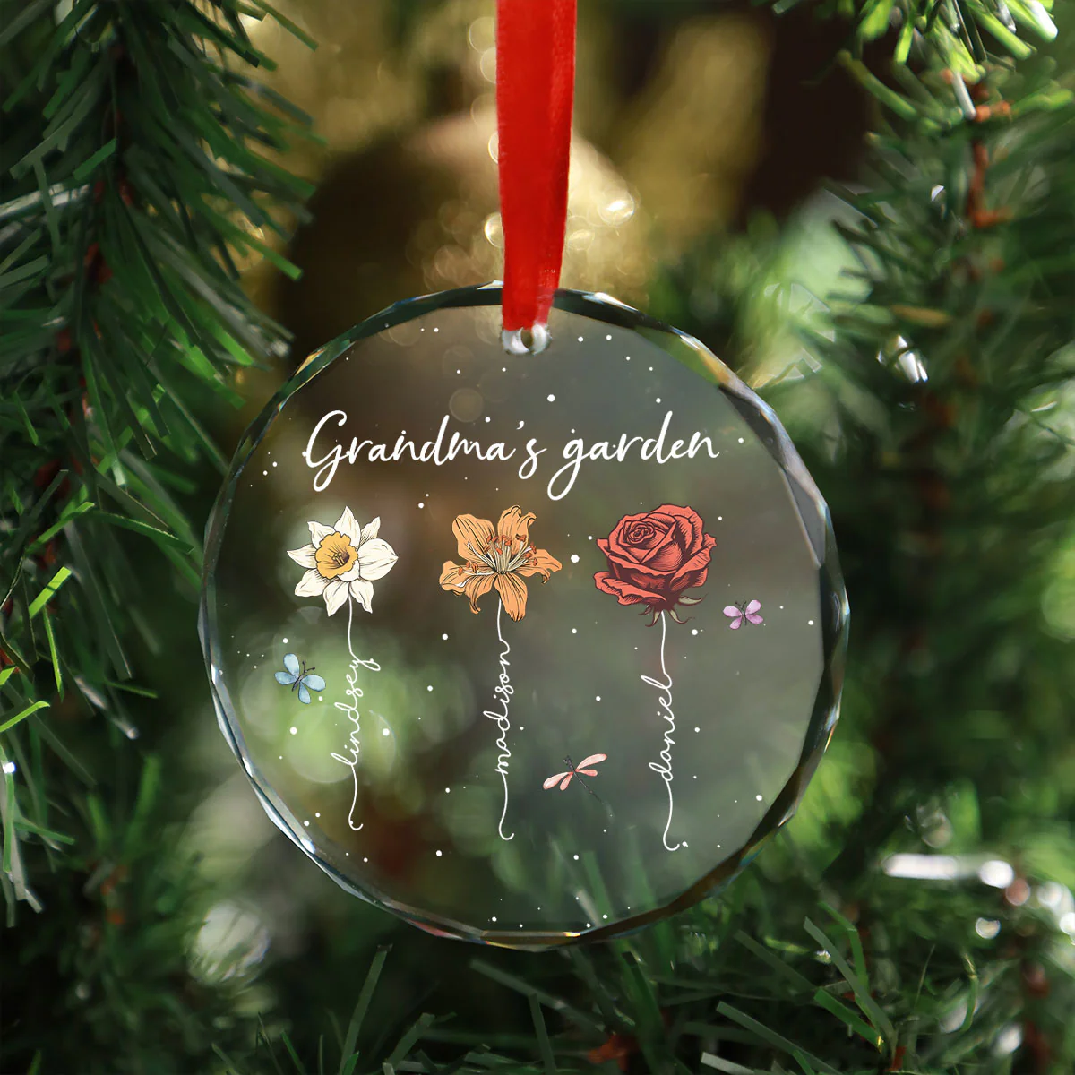 Grandma's Garden Personalized Glass Ornament, Christmas Gift For Grandma Granddaughter Grandson - Image 5