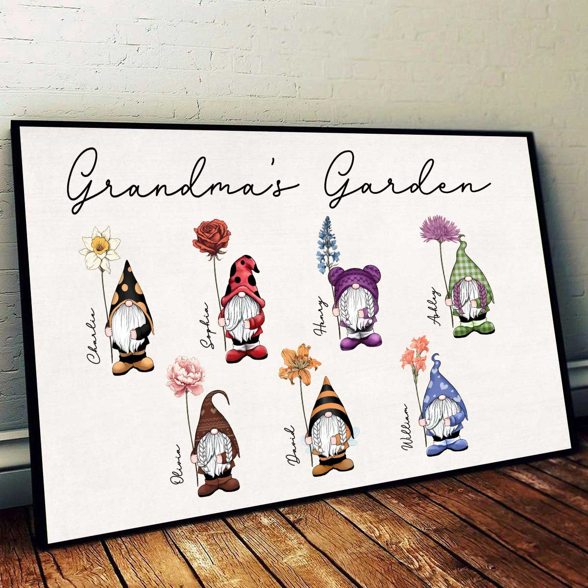 Grandma‘s Garden Vintage Birth Flowers Cute Custom Gnomes Personalized Horizontal Poster - Image 2