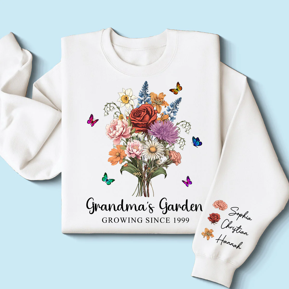 Grandma‘s Garden Vintage Birth Month Flowers Bouquet Personalized Sleeve Printed Sweatshirt - Image 2