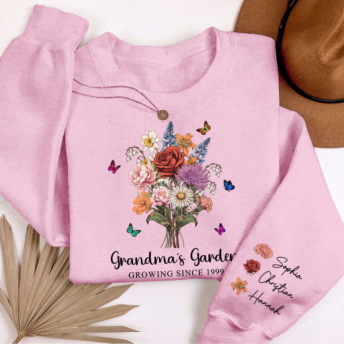 Grandma‘s Garden Vintage Birth Month Flowers Bouquet Personalized Sleeve Printed Sweatshirt - Image 3