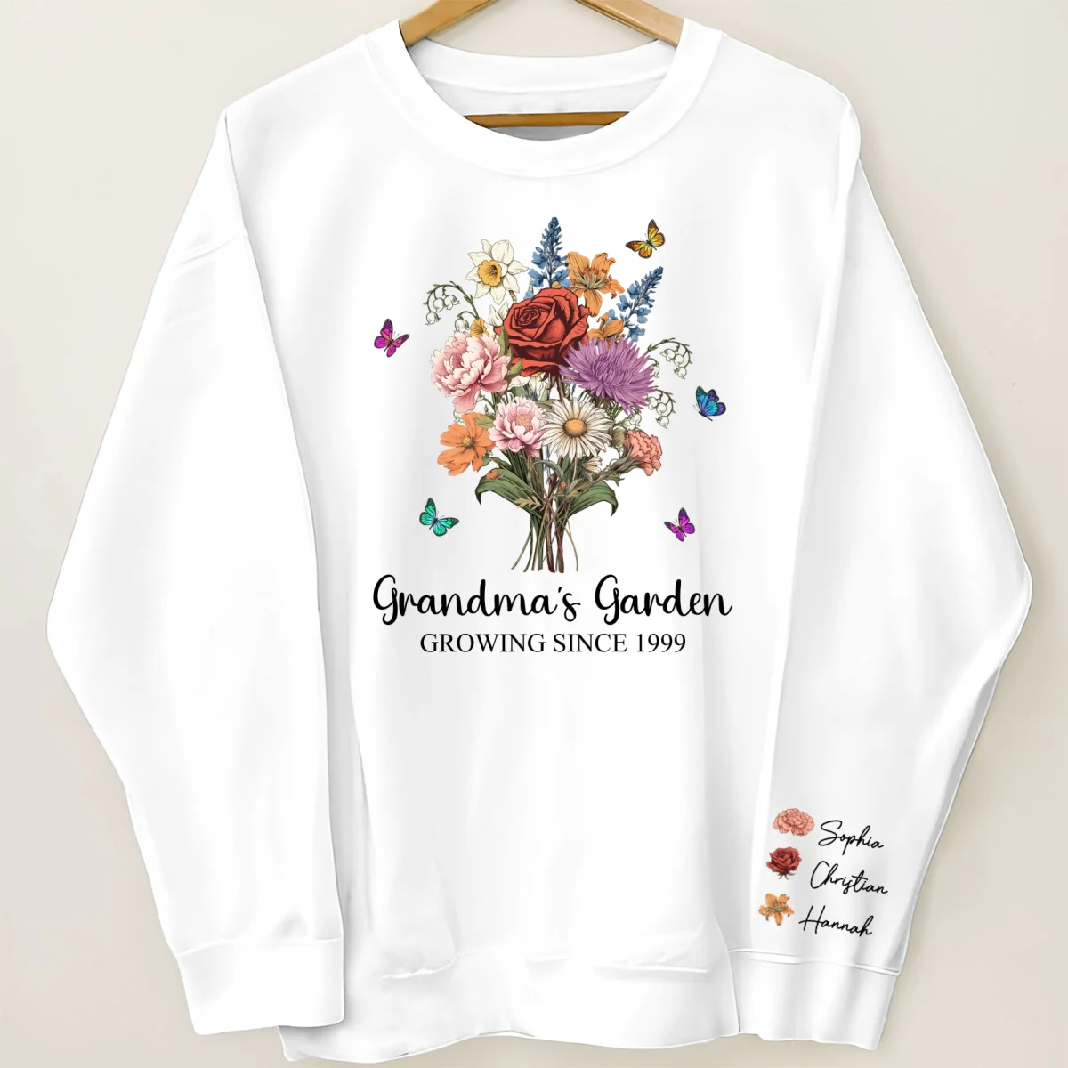 Grandma‘s Garden Vintage Birth Month Flowers Bouquet Personalized Sleeve Printed Sweatshirt - Image 4