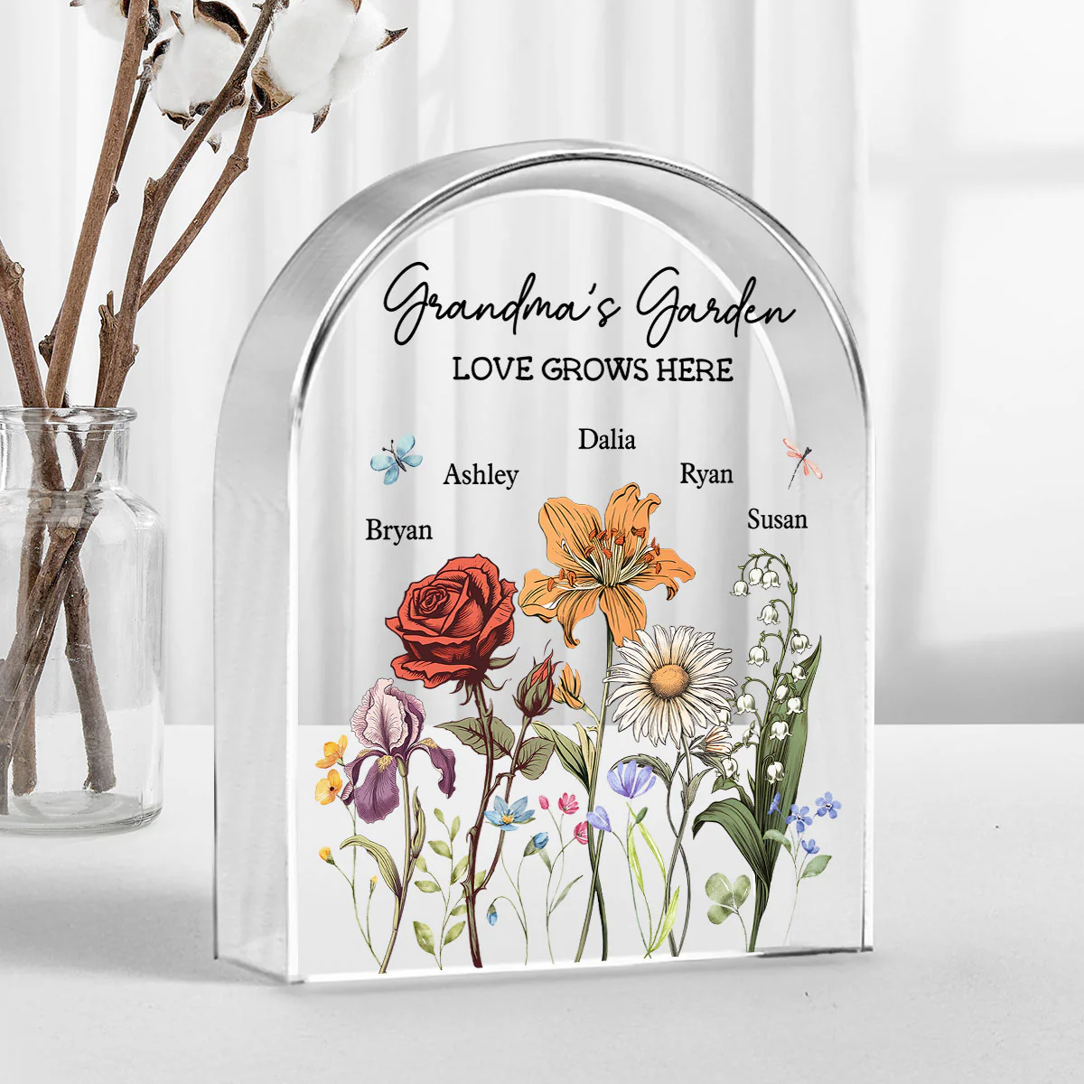 Grandma's Garden Vintage Birth Month Flowers Dome Shaped Personalized Acrylic Block Plaque, Gift For Mom, Gift For Grandma - Image 2