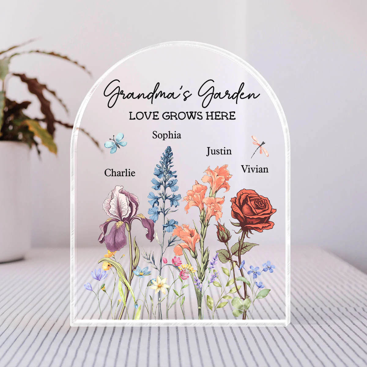 Grandma's Garden Vintage Birth Month Flowers Dome Shaped Personalized Acrylic Block Plaque, Gift For Mom, Gift For Grandma - Image 3