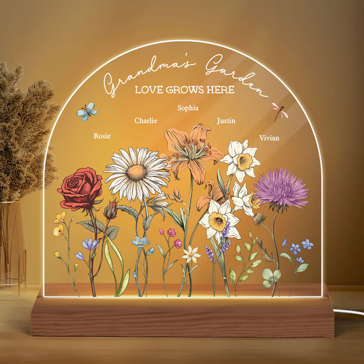Grandma's Garden Vintage Birth Month Flowers Dome Shaped - Personalized Acrylic LED Night Light - Christmas Gift For Mom, Gift For Grandma - Image 3
