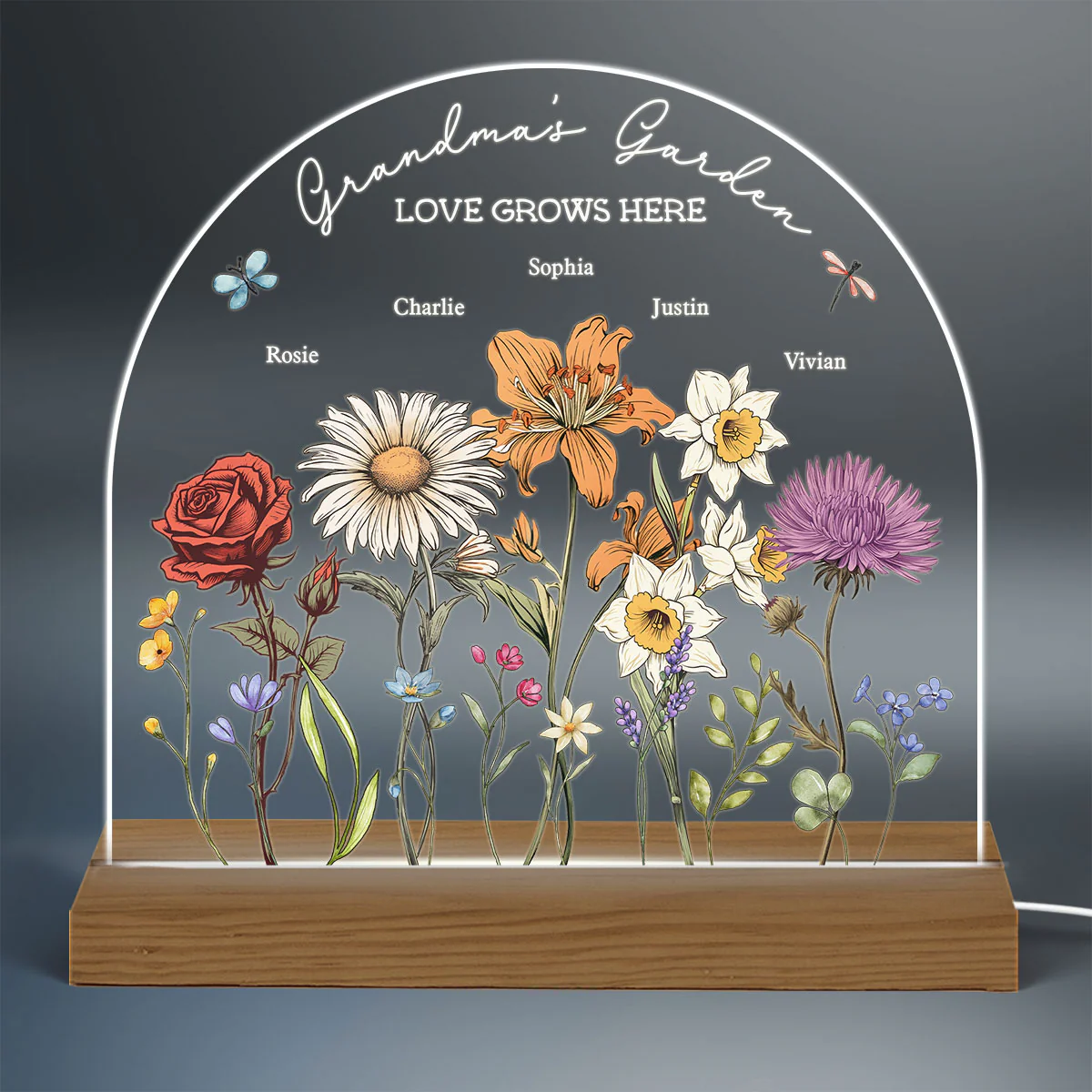 Grandma's Garden Vintage Birth Month Flowers Dome Shaped - Personalized Acrylic LED Night Light - Christmas Gift For Mom, Gift For Grandma - Image 5
