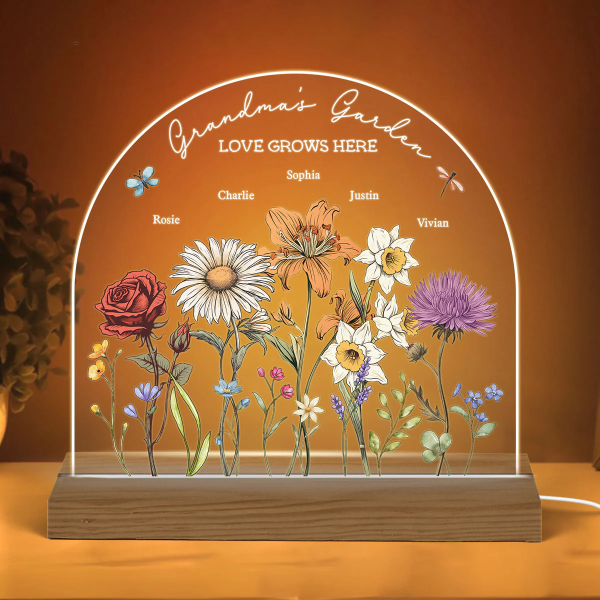 Grandma's Garden Vintage Birth Month Flowers Dome Shaped - Personalized Acrylic LED Night Light - Christmas Gift For Mom, Gift For Grandma - Image 6