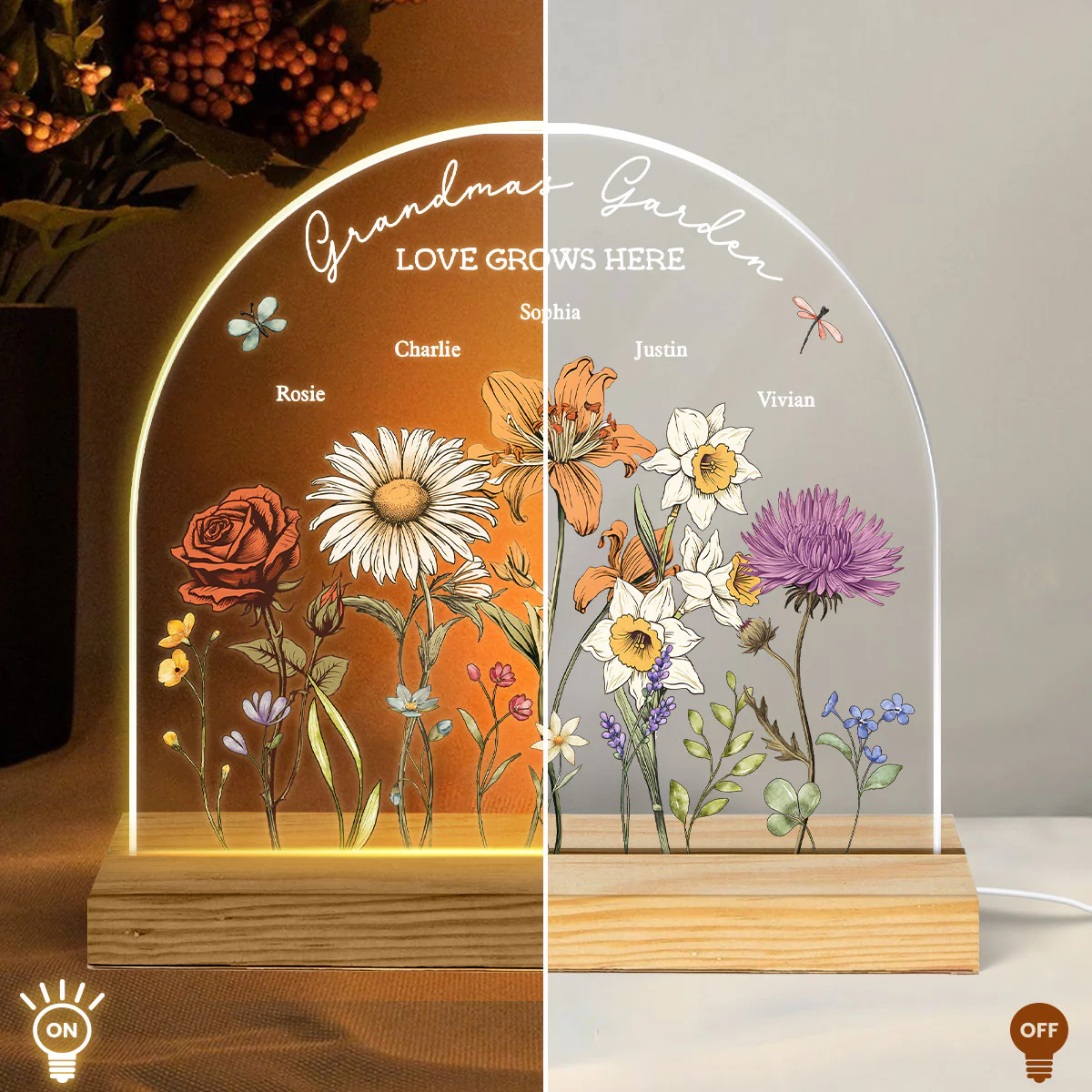 Grandma's Garden Vintage Birth Month Flowers Dome Shaped - Personalized Acrylic LED Night Light - Christmas Gift For Mom, Gift For Grandma - Image 7