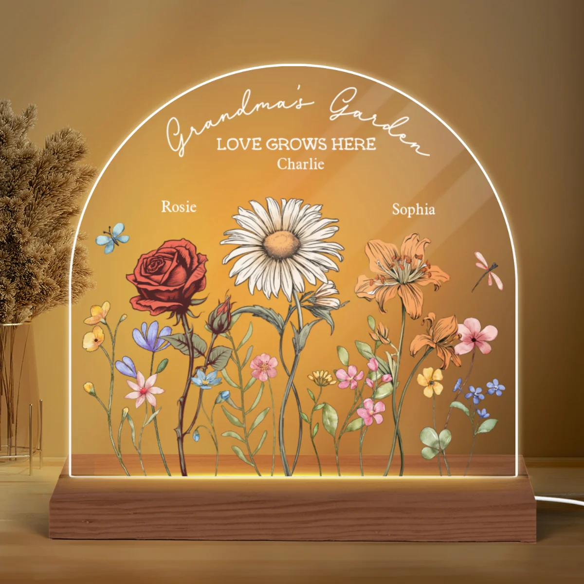 Grandma's Garden Vintage Birth Month Flowers Dome Shaped - Personalized Acrylic LED Night Light - Christmas Gift For Mom, Gift For Grandma - Image 9