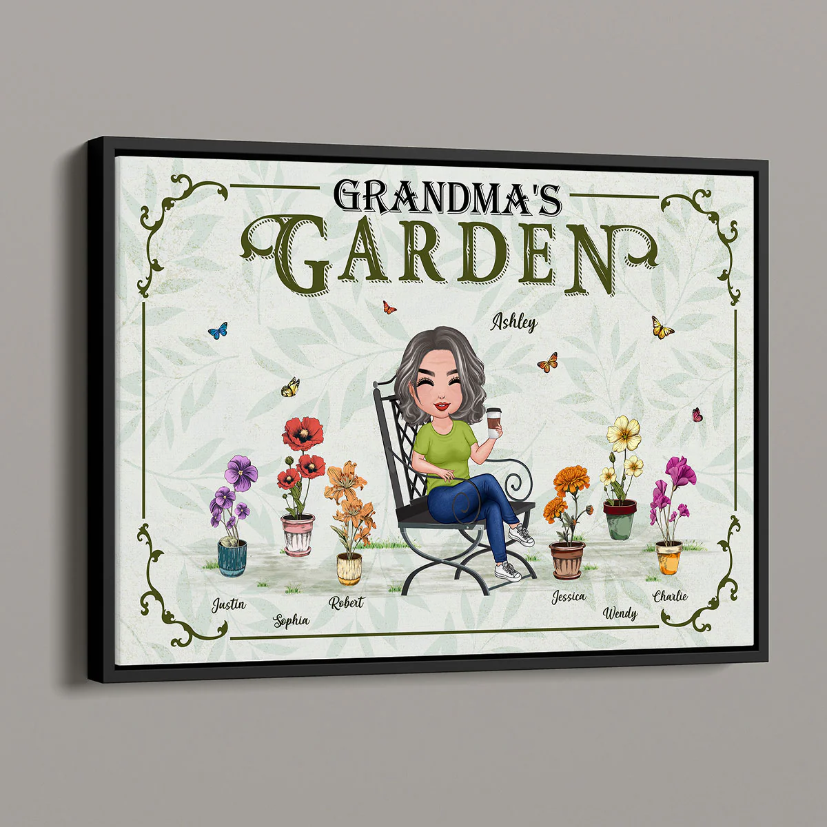 Grandma's Garden Woman Sitting Birth Month Flowers Pot Personalized Poster - Image 2