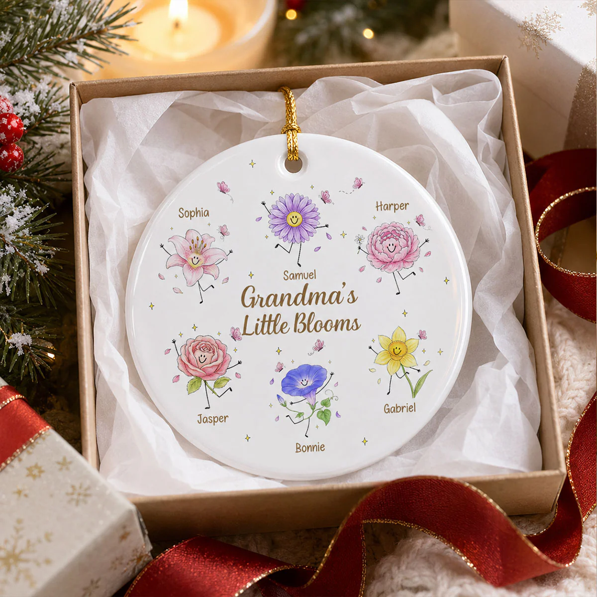Grandma's Little Blooms Cute Doodle Birth Month Flowers - Personalized Ceramic Ornament - Home Decor Gift, Birthday Gift For Grandma - Image 4