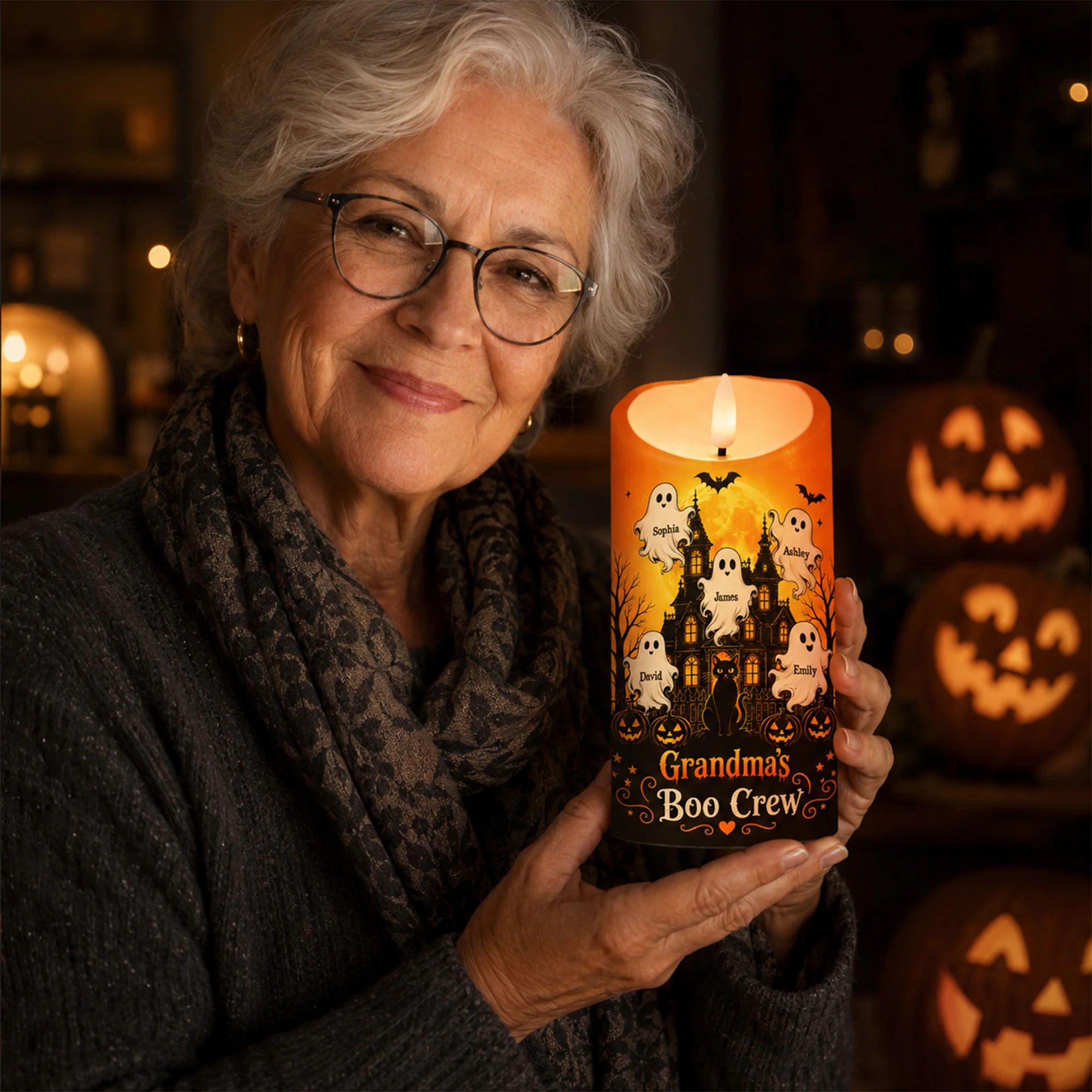 Grandma's Little Boo Crew Haunted House - Personalized LED Candle - Halloween Decor For Grandma - Image 4