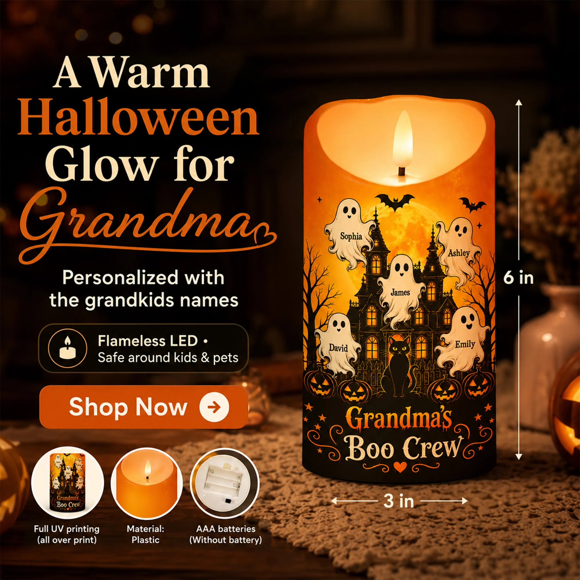 Grandma's Little Boo Crew Haunted House - Personalized LED Candle - Halloween Decor For Grandma - Image 9