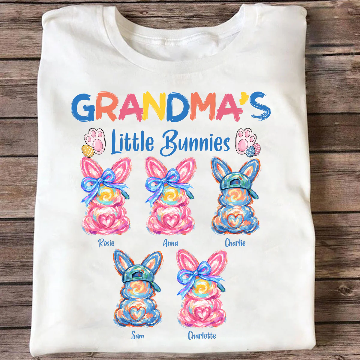 Grandma's Little Bunnies Colorful Brushstroke - Personalized Shirt - Easter Shirt for Grandma